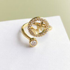 Michael Kors Monogram Logo and Crystal Gold Open Ring #7 NEW